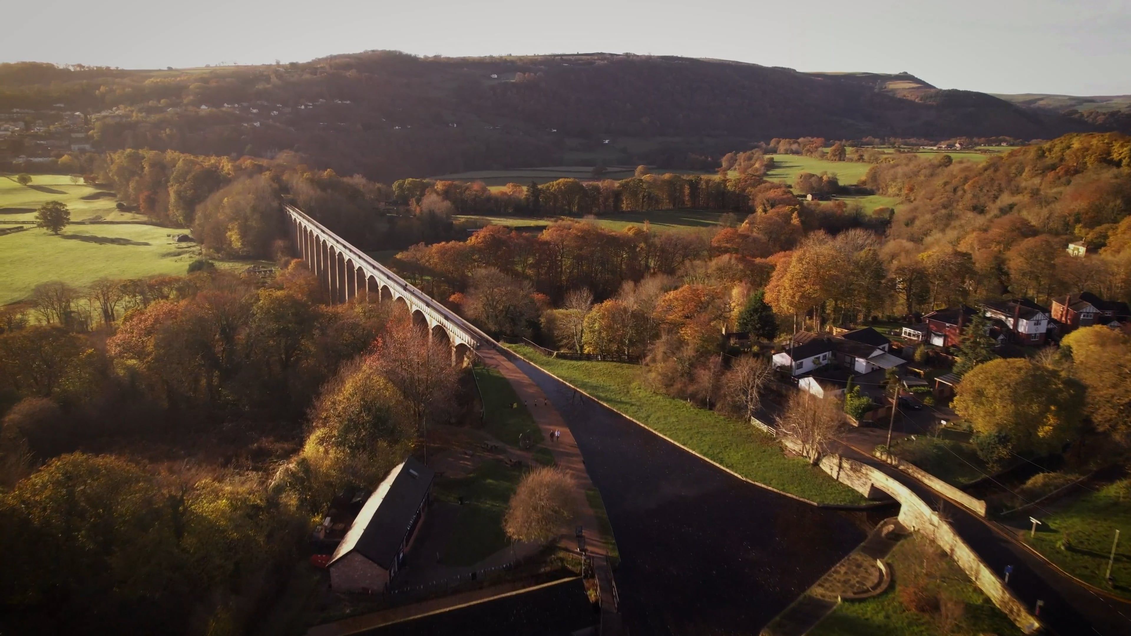 An Aerial Footage of Pontcysyllte Aqueduct Between Green Field and ...
