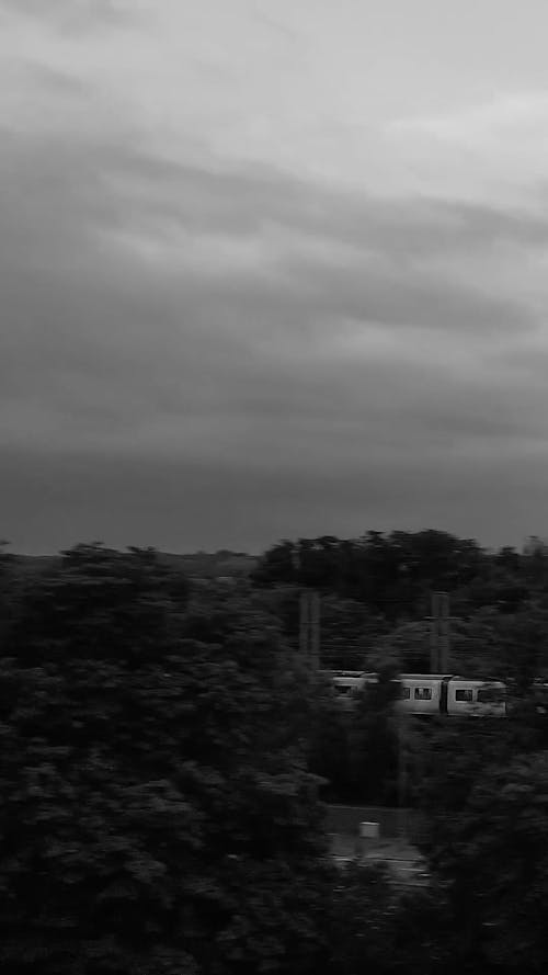 Black and White Drone Footage of a Train
