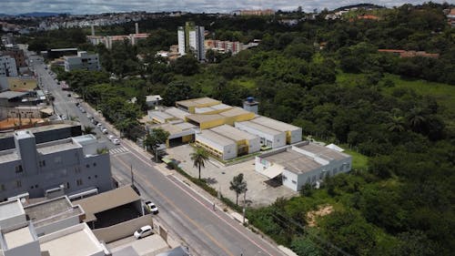 An Aerial Footage of City Buildings Between Green Trees