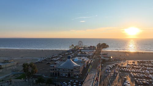 Drone Video of Pacific Park and the Santa Monica Pier at Sunset 
