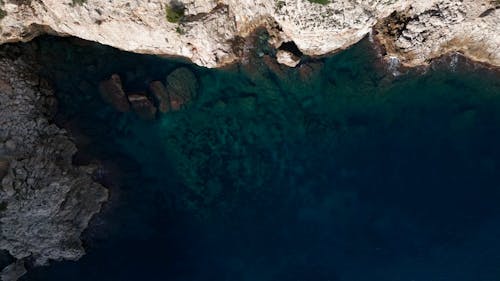 Top View of Coastal Rock Formations and Turquoise Sea Water