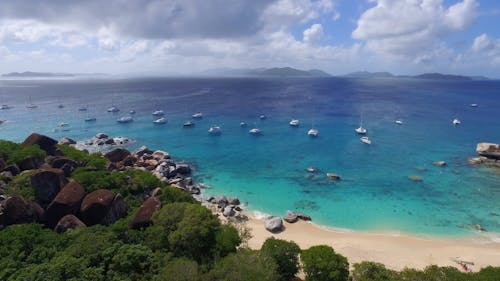 A Drone Footage of a Yachts on the Sea Near the Beach with Green Trees