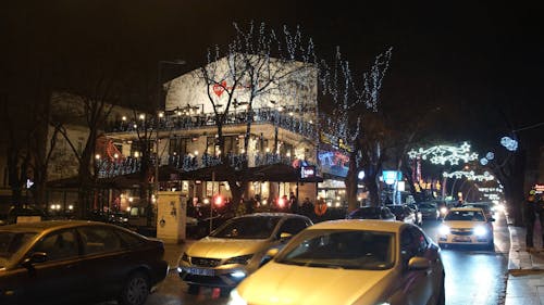 Night Traffic and Christmas Lights in the Streets of Ankara, Türkiye