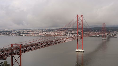 An Aerial Footage of Moving Cars on the Bridge