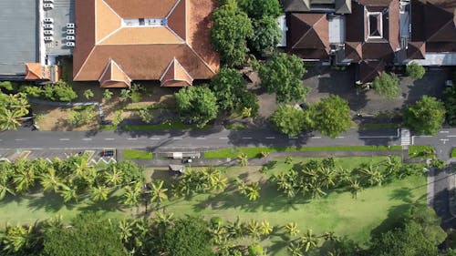 A Drone Footage of Houses Near the Trees and Empty Road