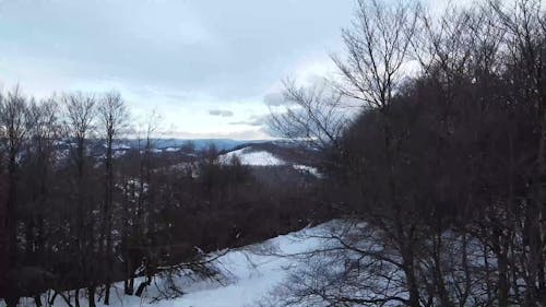 An Aerial Footage of a Snow Covered Mountain with Trees Under the Cloudy Sky