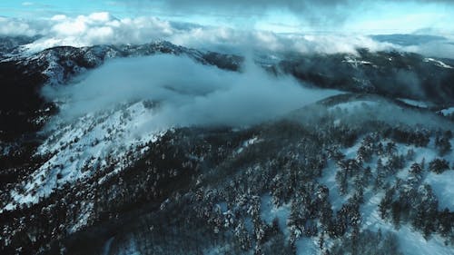 A Drone Footage of a Snow Covered Mountains with Trees