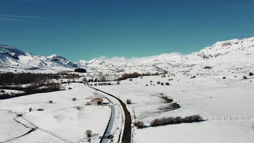 Drone Footage of a Snow Covered Landscape under a Clear Blue Sky
