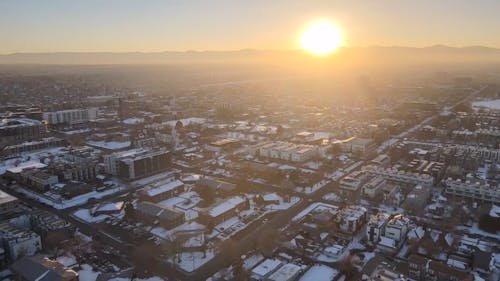 Sunset in mountains and town