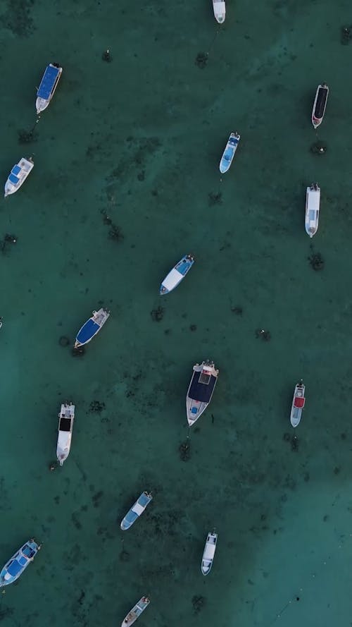 Top View of Anchored Boats on Turquoise Sea Waters 