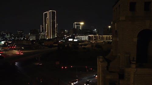 Drone Video of Illuminated Buildings in Fort Worth City at Night