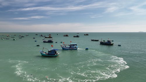 Drone Footage of Traditional Vietnamese Fishing Boats near the Coast
