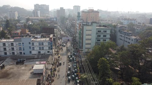 Drone View of a Busy Street in the City of Sylhet, Bangladesh 