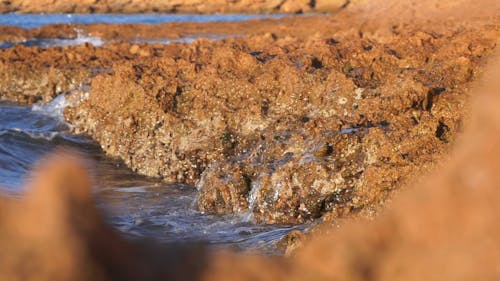 Close up of Sea Waves Crashing against a Rocky Shore in Slow Motion