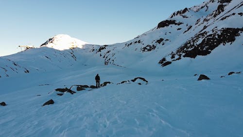 Drone Video of a Hiker on a Snow Covered Mountain 