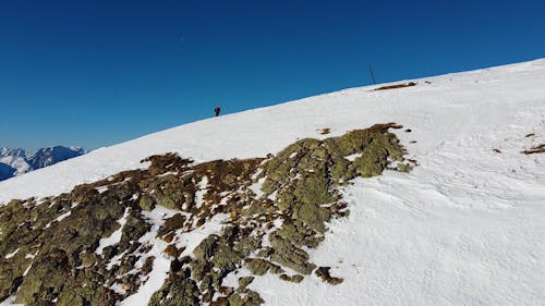 Drone Footage of a Man Walking on Top of a Snowy Mountain