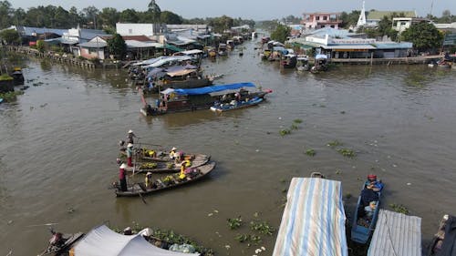 Drone Video of a Flower Floating Market in Vietnam