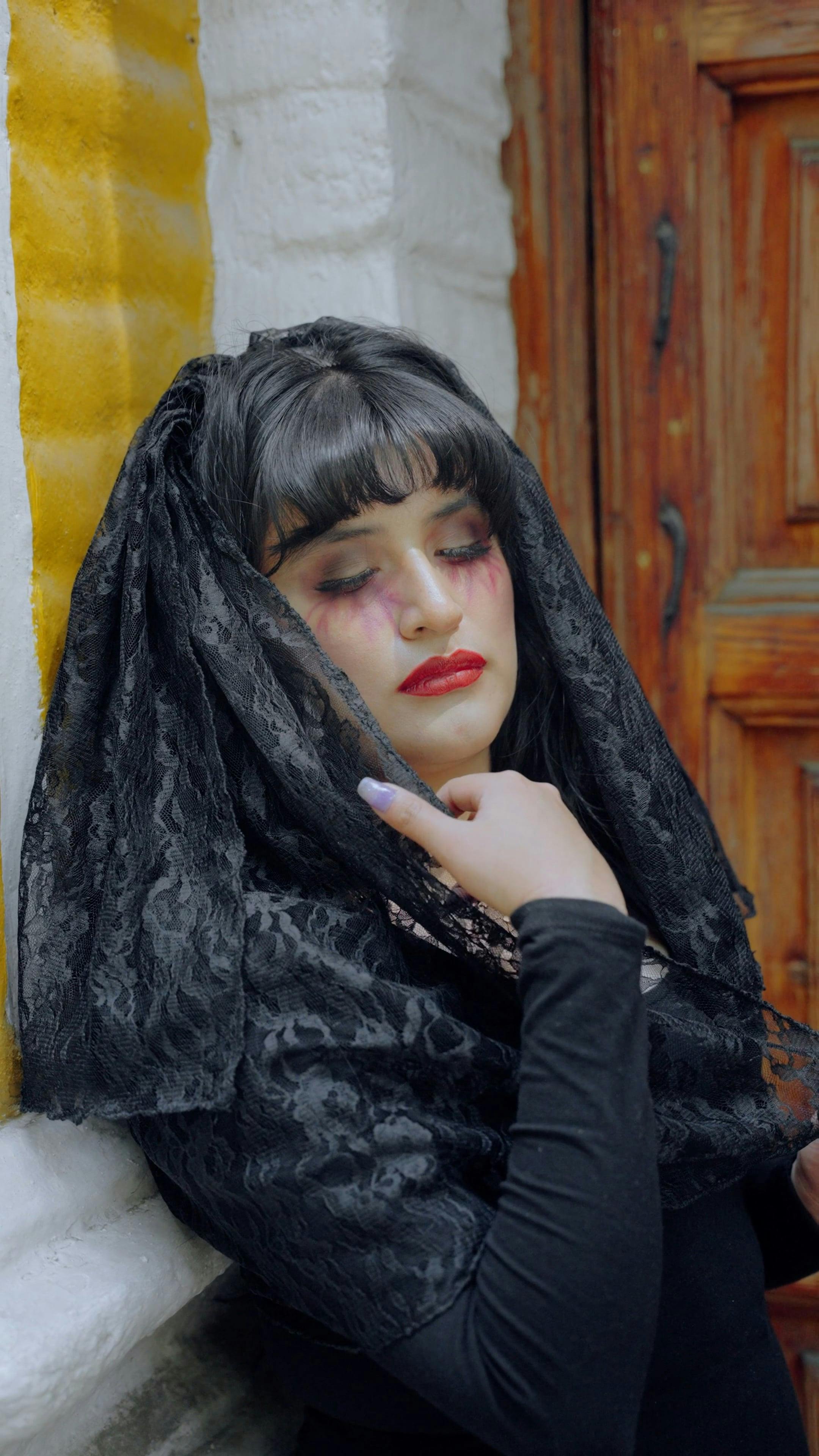 A Female Model Wearing a Black Veil and Dress Free Stock Video Footage