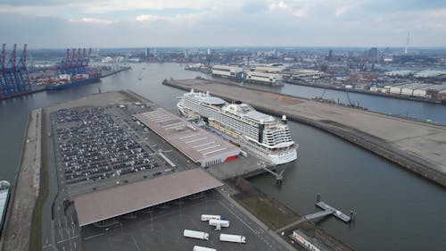 Drone Footage of a Cruise Ship Moored at the Port of Hamburg, Germany 