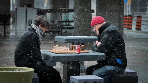 Chess Players in a Park on a Snowy Winter Day 