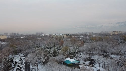 Drone Footage of a Snow Covered Park in the City of Almaty, Kazakhstan