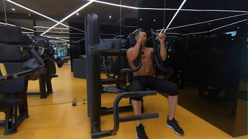 Muscular man workout his chest in the gym