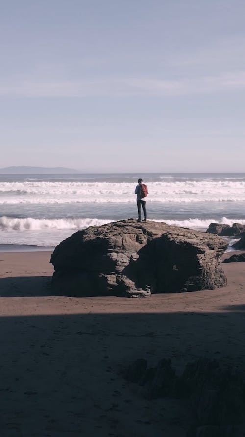 A Man Standing on a Rock at the Beach 