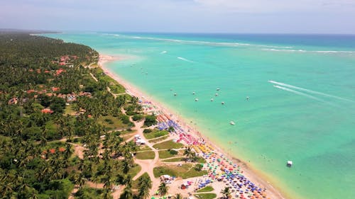 Várias barracas de praia e pessoas se divertindo