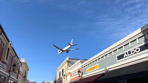 Low Angle View of an Airliner Flying over a Pedestrian Zone 