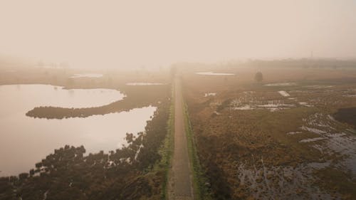 Drone View of a Road in a Foggy Wetland Landscape 