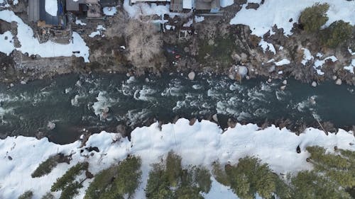 Top View of a Flowing River in the Winter Season 