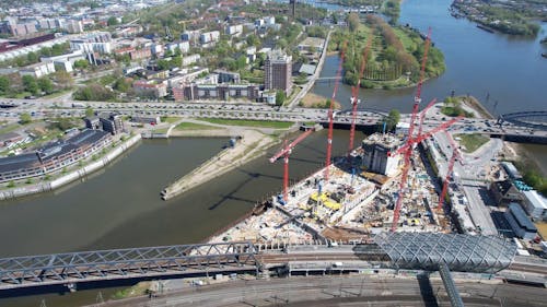 Drone Footage of a Construction Site by the River Elbe in Hamburg, Germany 