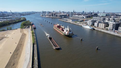 A Cargo Ship on the River Elbe in Hamburg, Germany 