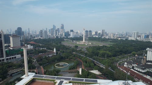 Cinematic aerial view of iconic Istiqlal Mosque near National Monument of Jakarta or Monas.