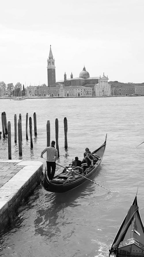 Monochrome Video of Gondolas in Venice, Italy 