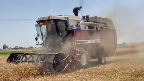 Two Men Using Combine Harvester in a Field 