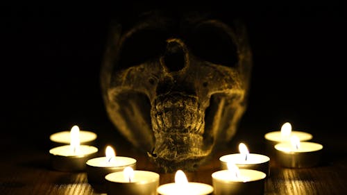 A Skull With Lighted Tea Candles 