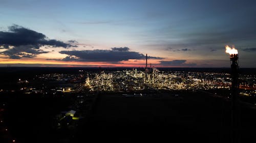 Drone Time Lapse of an Industrial Park at Dusk