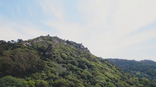 Cinematic drone view at Castelo de Mouros in Sintra, Portugal