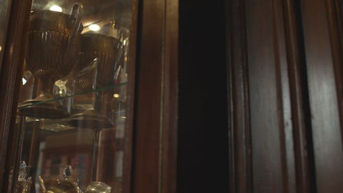 Trophies in wooden cabinet, panning shot 