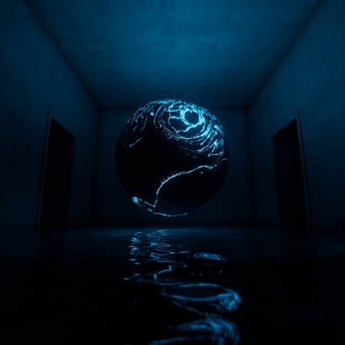 A glowing levitating sphere in a gloomy room