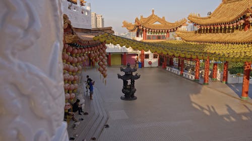 High angle temple people praying