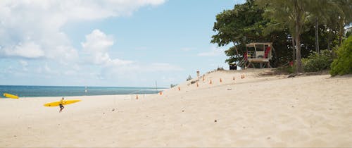 Lifeguard in hawaii beach carrying kayak to base station