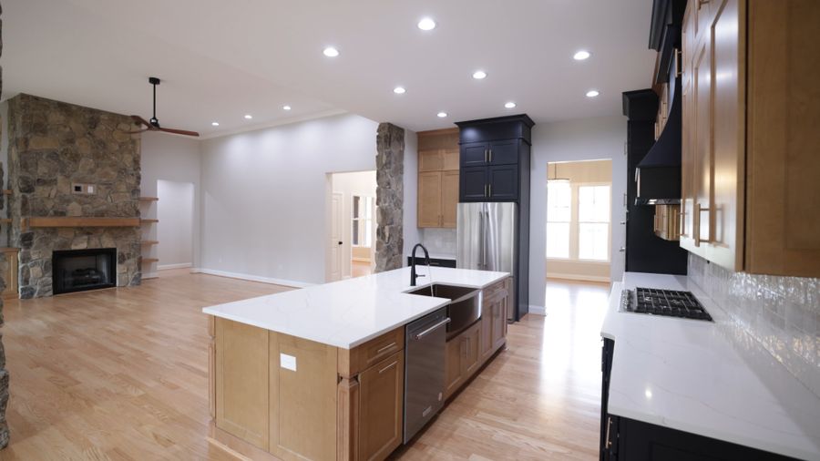 Kitchen island and hardwood floors
