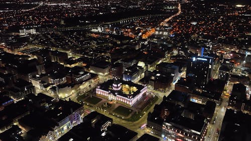 Nightscape Aerial footage of Belfast City Hall cityscape in Co Antrim Northern Ireland