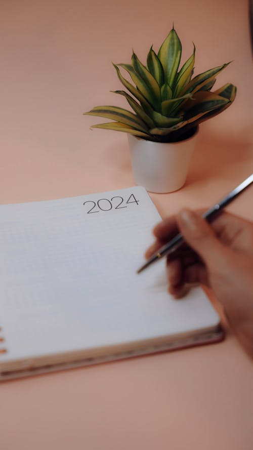 A Person Holding a Pen on a 2024 Planner