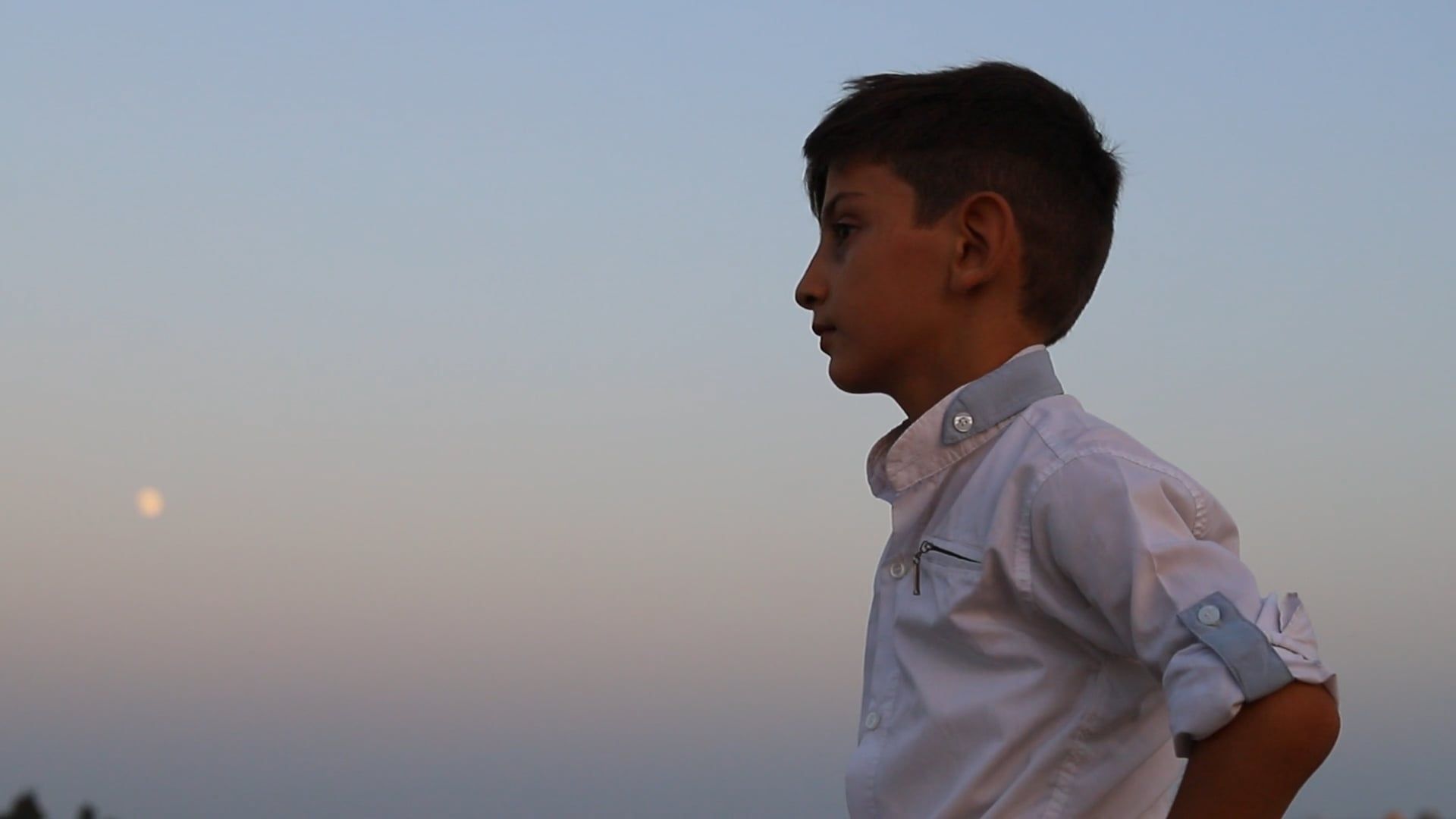 A young boy standing in the field with the moon in the background Free ...