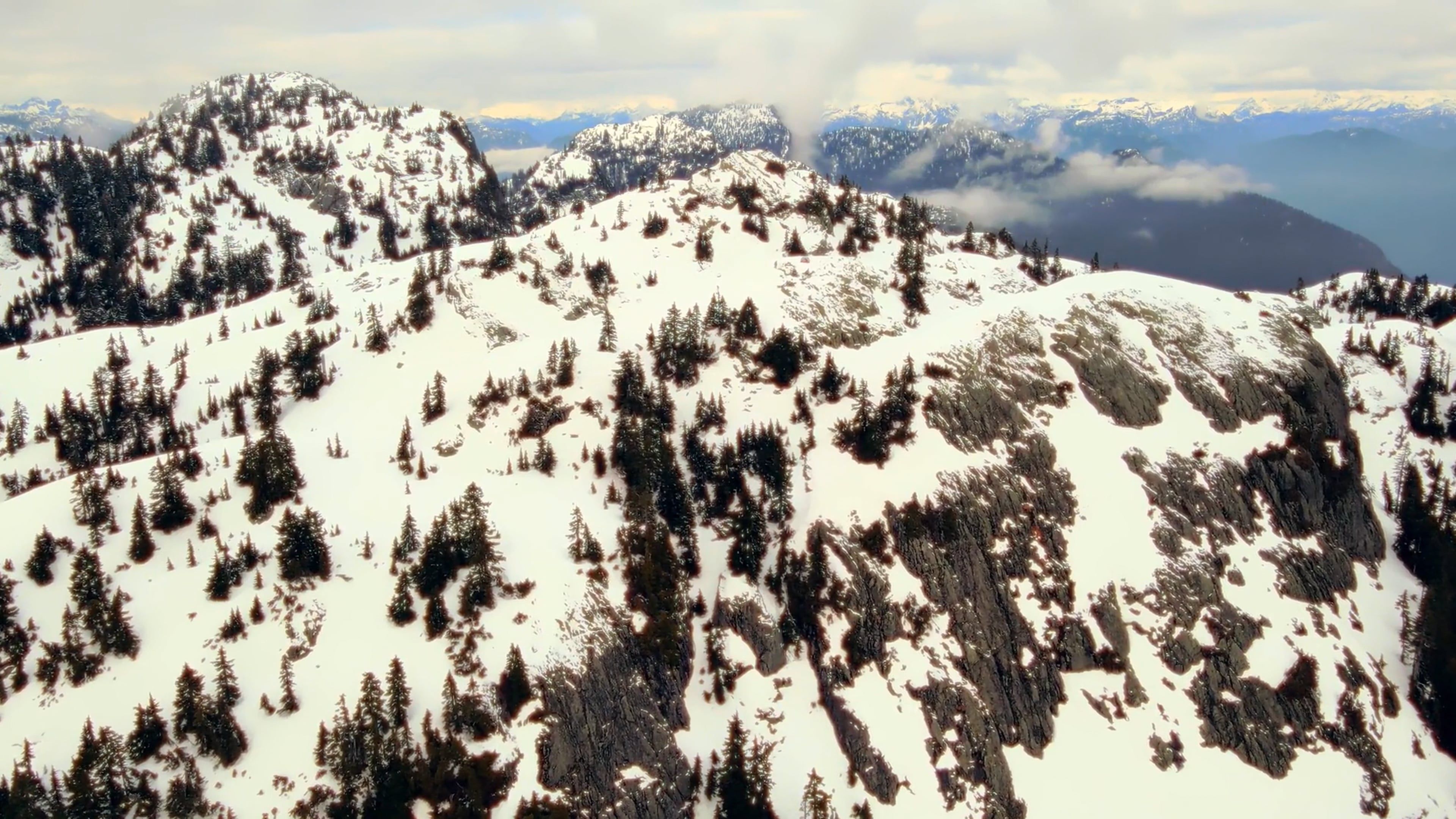 Aerial view of a snowy mountain range with trees Free Stock Video ...