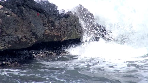 Slow Motion View Of Waves Crashing To The Rocks