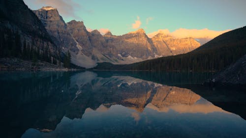 Perfect Mountain Lake Reflection At Sunrise Moraine Lake Banff